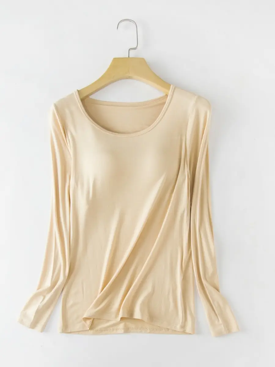 Women Plus Size Silk Long Sleeve T-Shirt Beige - Image 8