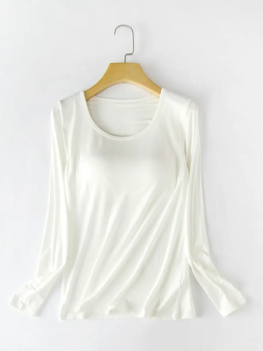 Women Plus Size Silk Long Sleeve T-Shirt Beige - Image 11