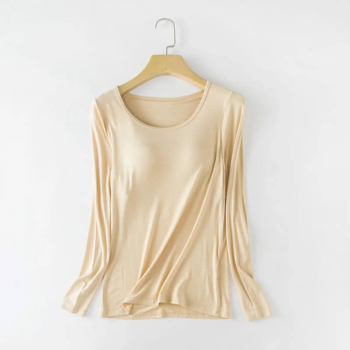 Women Plus Size Silk Long Sleeve T-Shirt Beige - Image 4