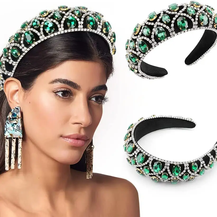 European & American Cross-Country Rhinestone Headband with Green Stones - Image 8