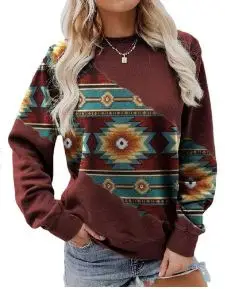 Western Style Long Sleeve Sweater Red Geometric Print
