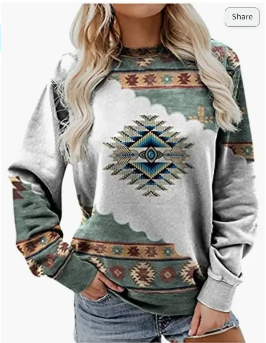 Western Style Long Sleeve Sweater Red Geometric Print
