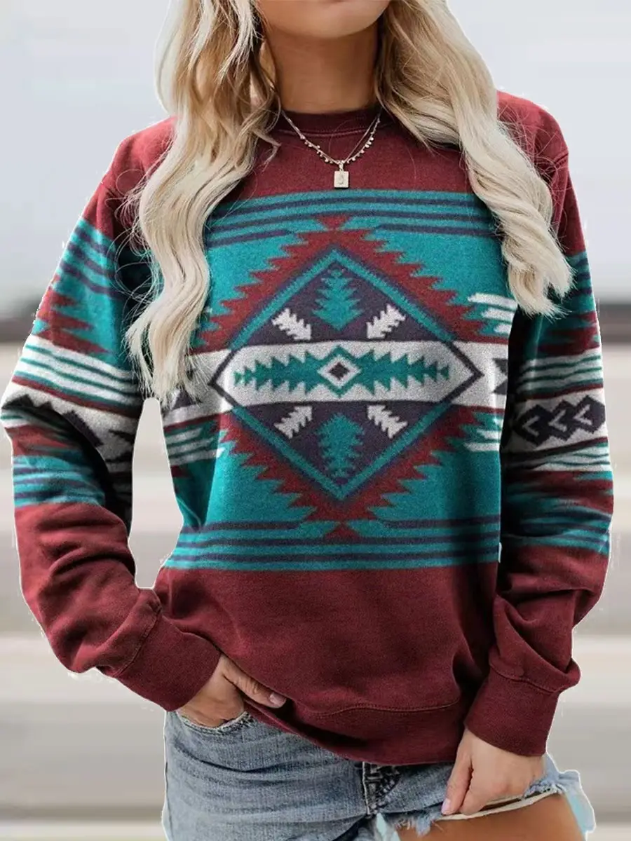 Western Style Long Sleeve Sweater Red Geometric Print