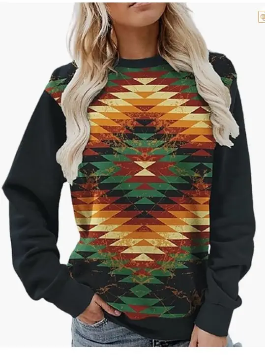 Western Style Long Sleeve Sweater Red Geometric Print