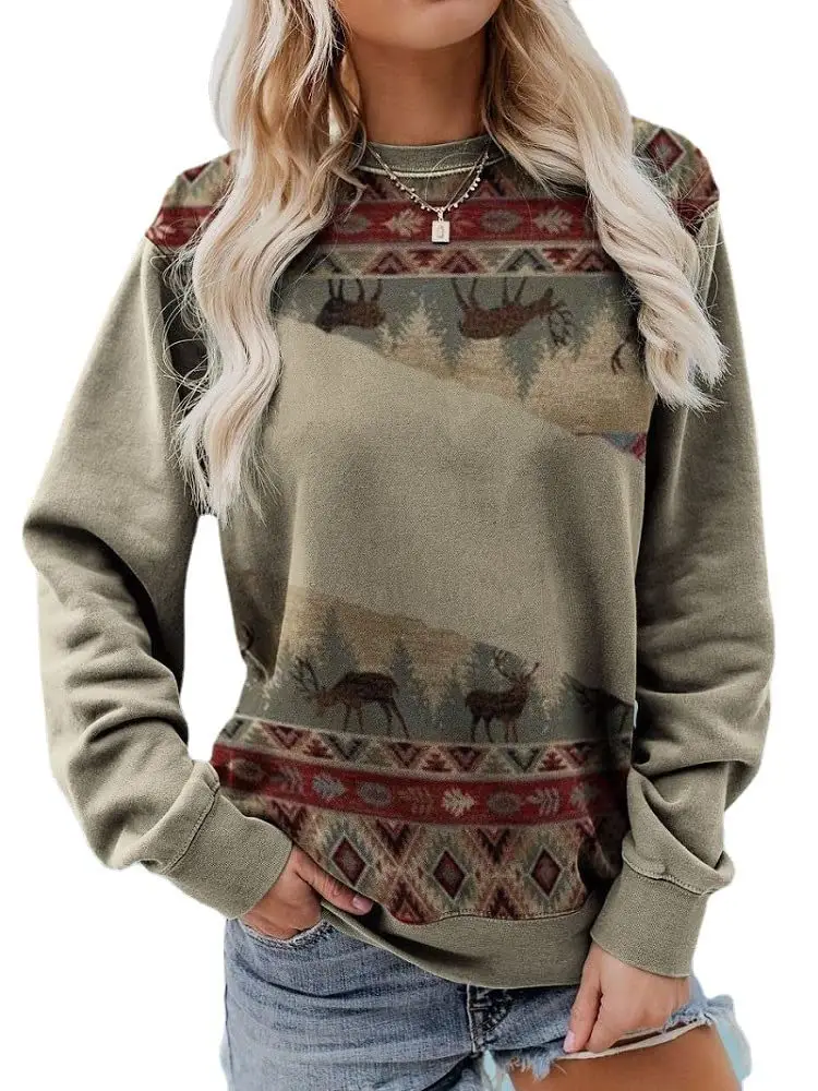 Western Style Long Sleeve Sweater Red Geometric Print