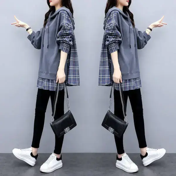 Women Plaid Hoodie Set Grey Black Pants - Image 3