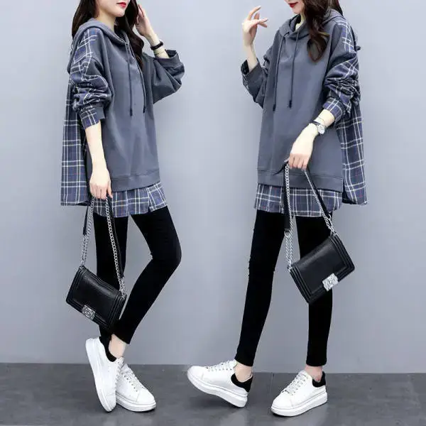 Women Plaid Hoodie Set Grey Black Pants - Image 4