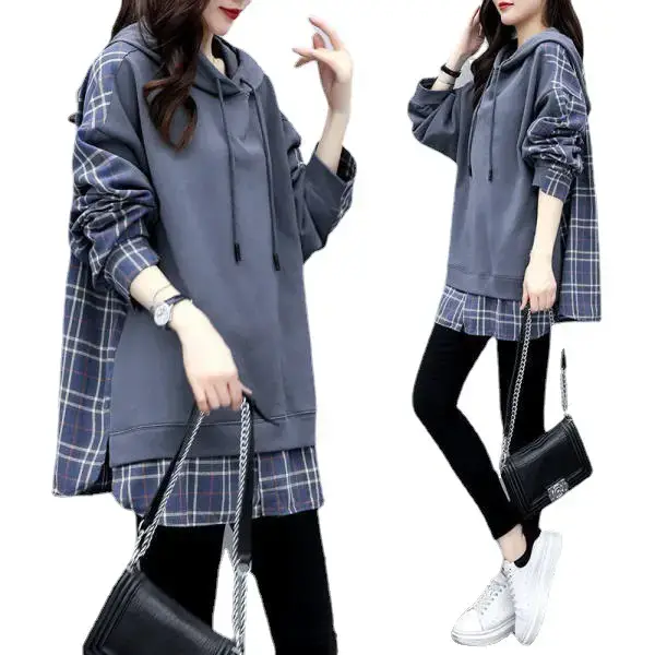 Women Plaid Hoodie Set Grey Black Pants - Image 6