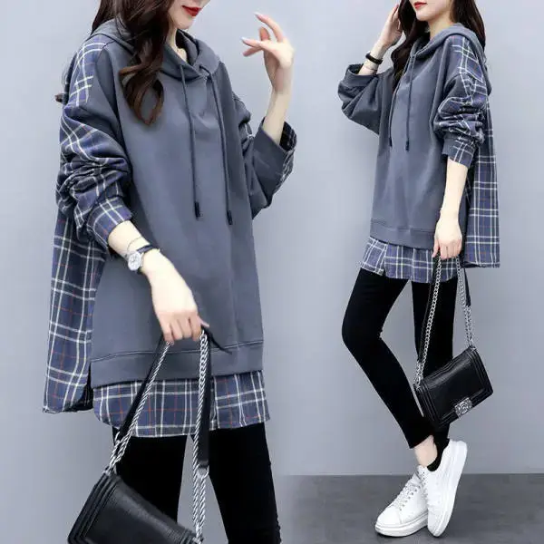 Women Plaid Hoodie Set Grey Black Pants — feature 12