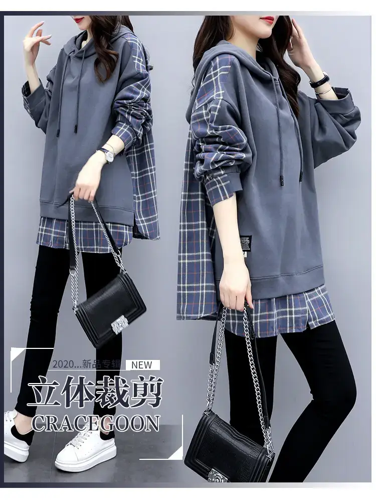Women Plaid Hoodie Set Grey Black Pants — feature 3