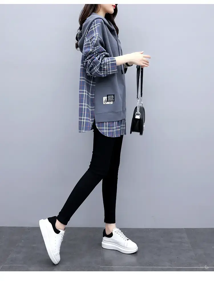 Women Plaid Hoodie Set Grey Black Pants — feature 7