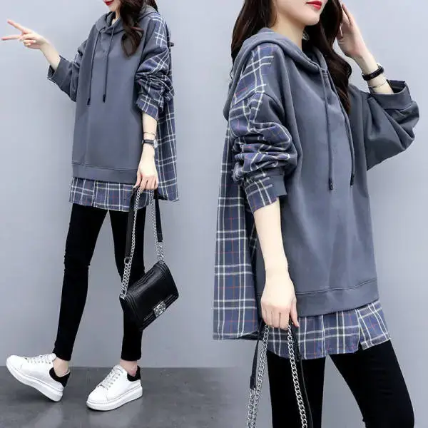 Women Plaid Hoodie Set Grey Black Pants — feature 9