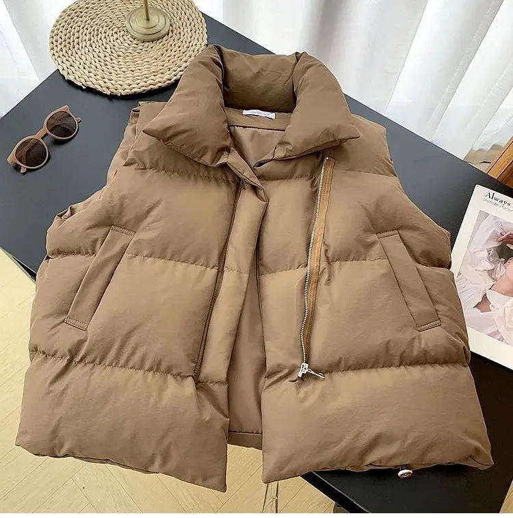 Women's Cotton Puffer Vest Tan Winter - Image 2