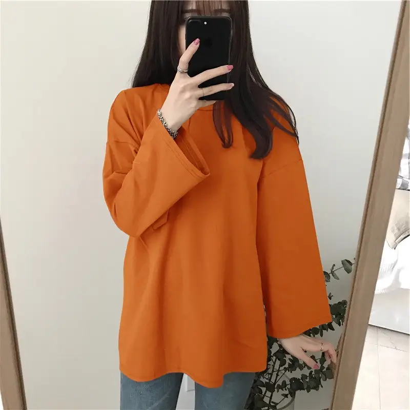 Women's Orange Long Sleeve T-Shirt Loose Korean Style - Image 18