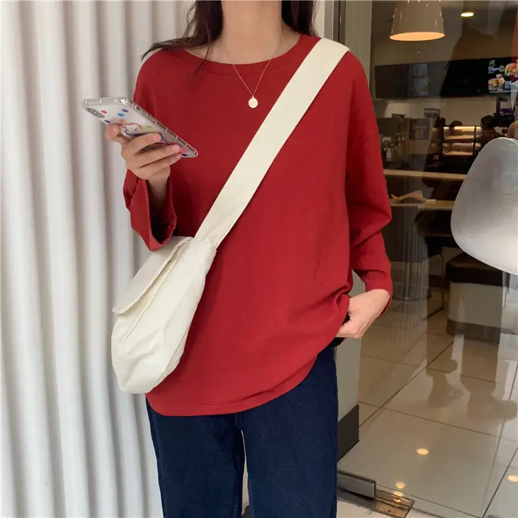 Women's Orange Long Sleeve T-Shirt Loose Korean Style - Image 19