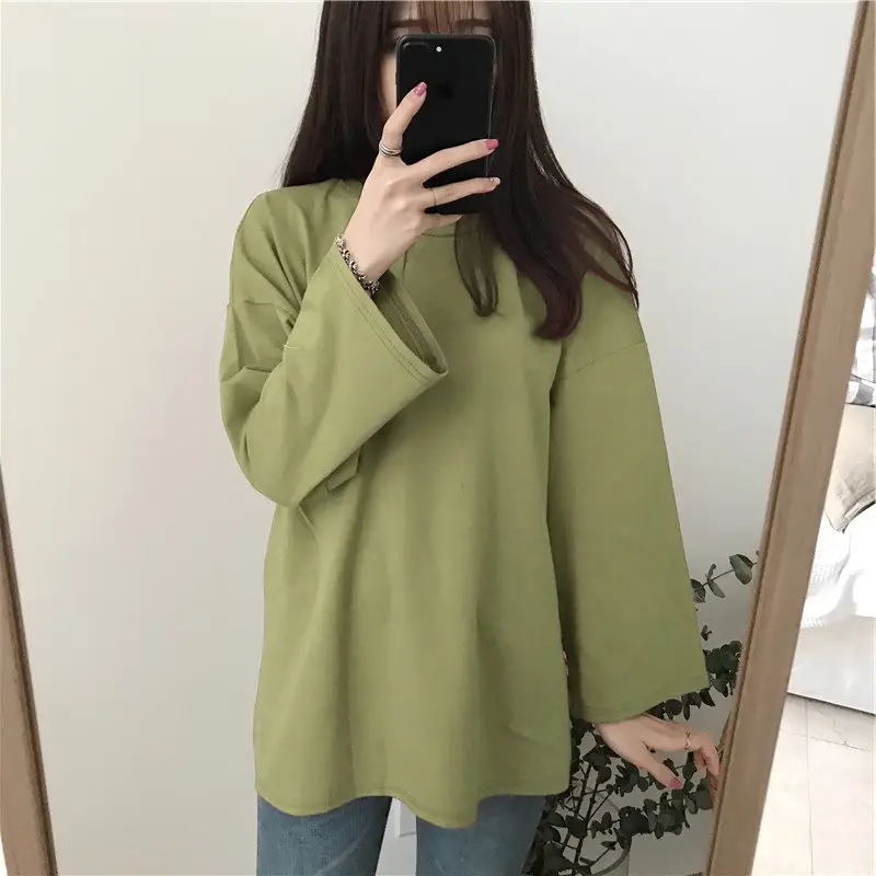 Women's Orange Long Sleeve T-Shirt Loose Korean Style - Image 13