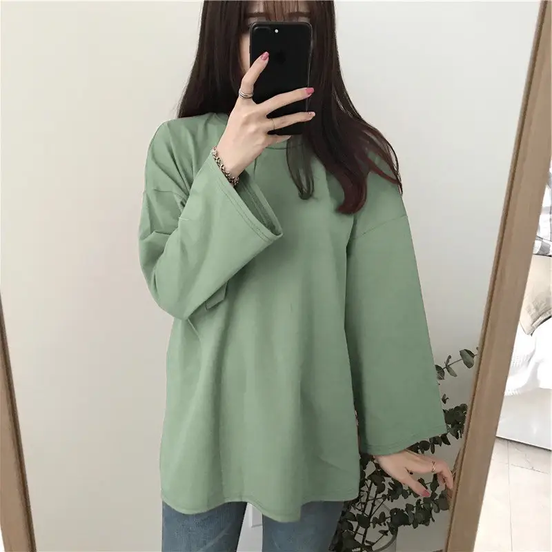 Women's Orange Long Sleeve T-Shirt Loose Korean Style - Image 2
