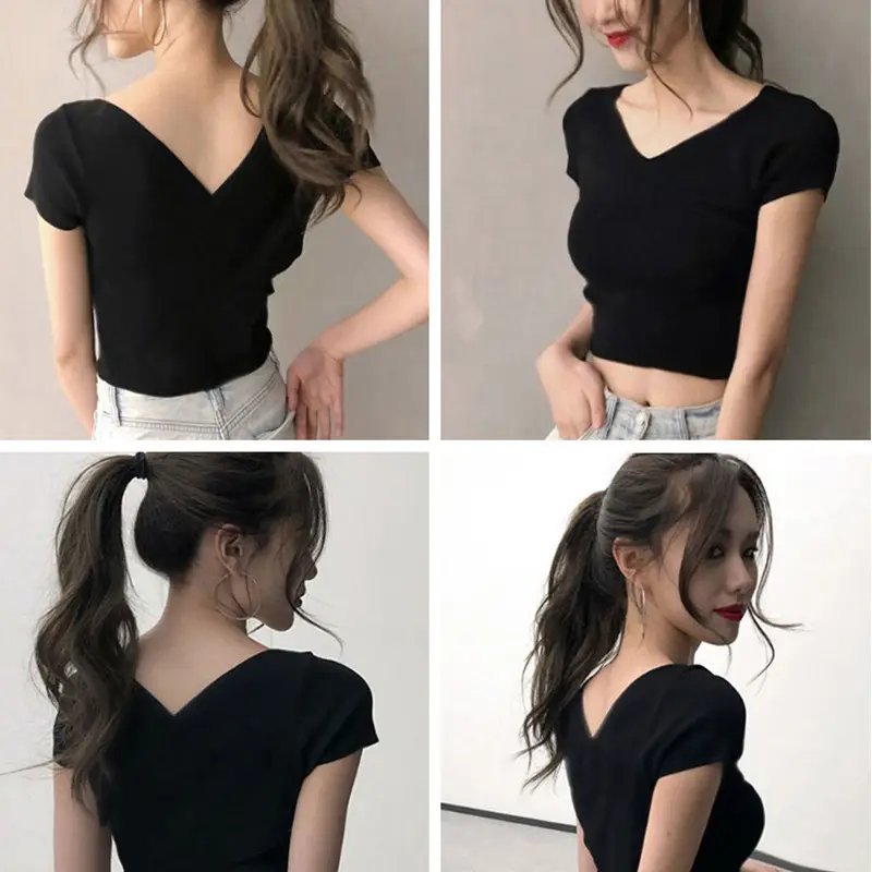 Women V-Neck T-Shirt Black Short Sleeve 2025 - Image 10
