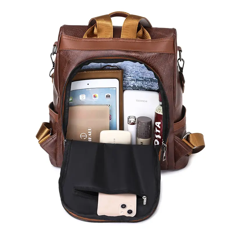 Women's PU Leather Quilted Shoulder Bag Brown Large Capacity - Image 8
