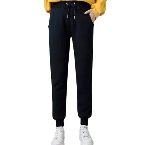 Women's Korean Fleece Lined Loose Leg Pants Cream Black