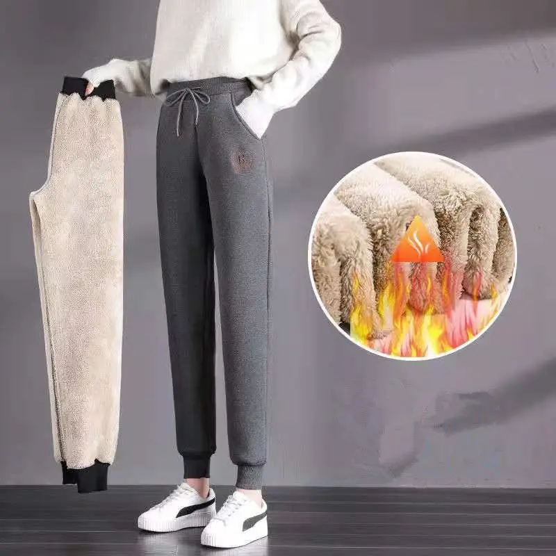 Women's Korean Fleece Lined Loose Leg Pants Cream Black — feature 1