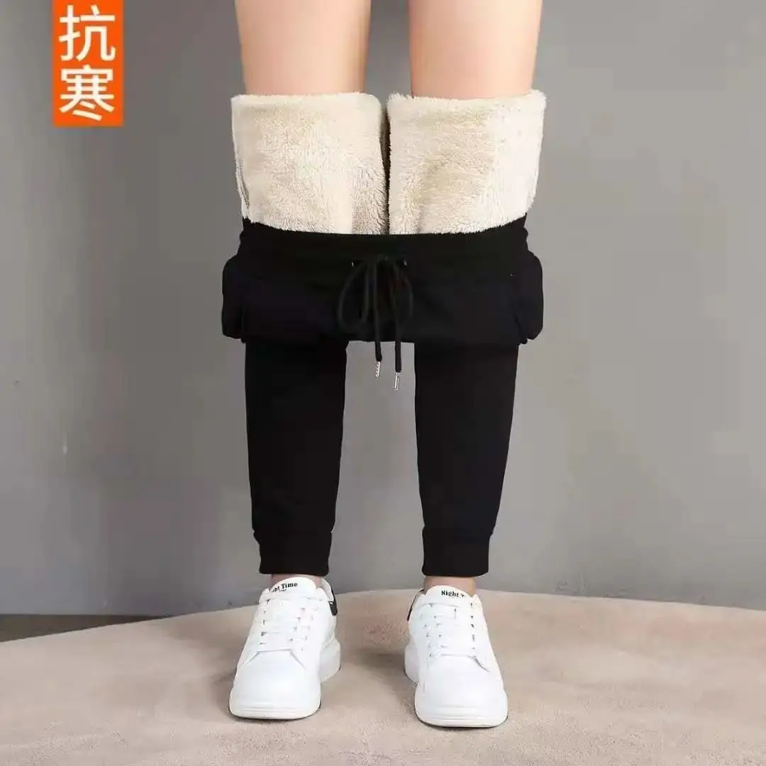 Women's Korean Fleece Lined Loose Leg Pants Cream Black — feature 6