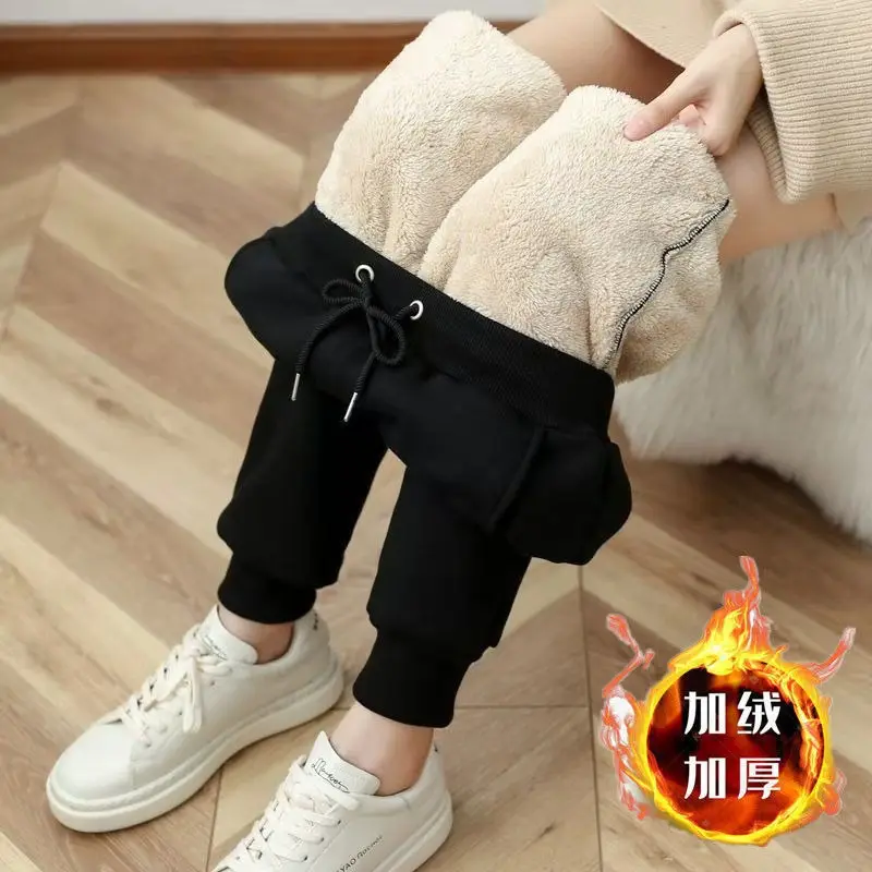 Women's Korean Fleece Lined Loose Leg Pants Cream Black — feature 8