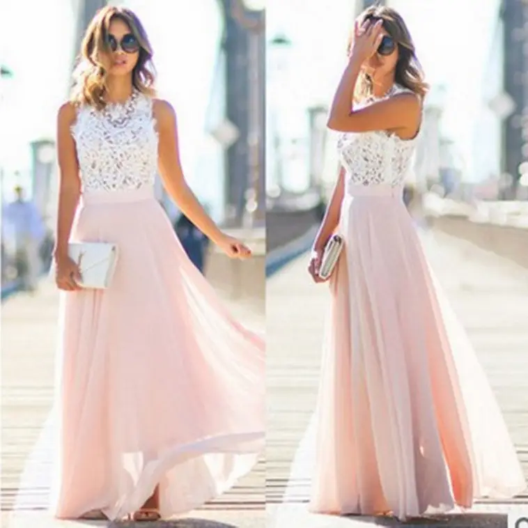 2020 Lace Chiffon Long Dress Pink White - Image 6