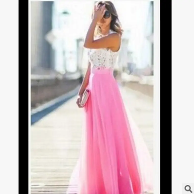 2020 Lace Chiffon Long Dress Pink White - Image 7