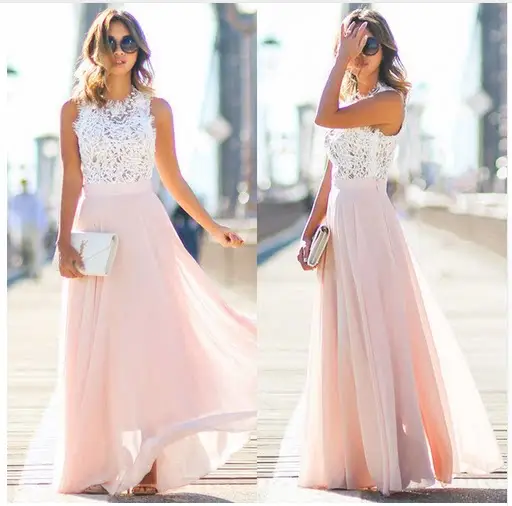 2020 Lace Chiffon Long Dress Pink White — feature 3