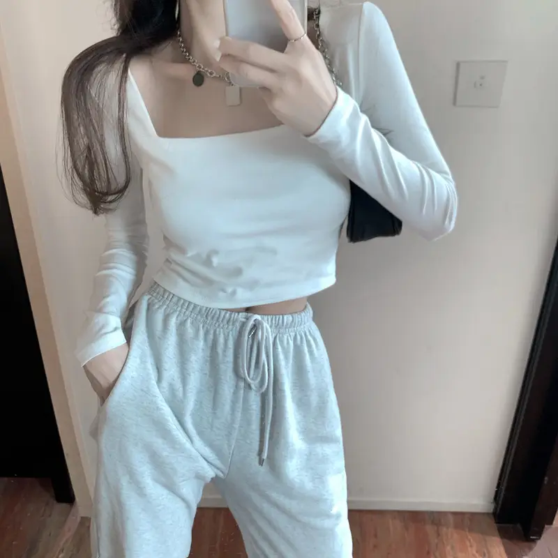 Women's Long Sleeve U-Neck Top Grey Casual Outerwear — feature 7
