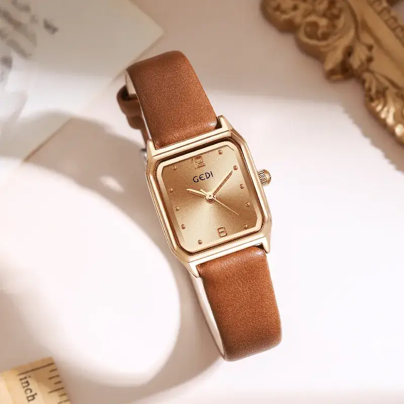 Women's Brown Leather Square Plate Watch with Silver Buckle - Image 7