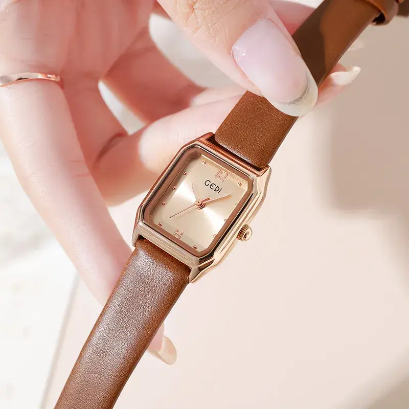 Women's Brown Leather Square Plate Watch with Silver Buckle - Image 8