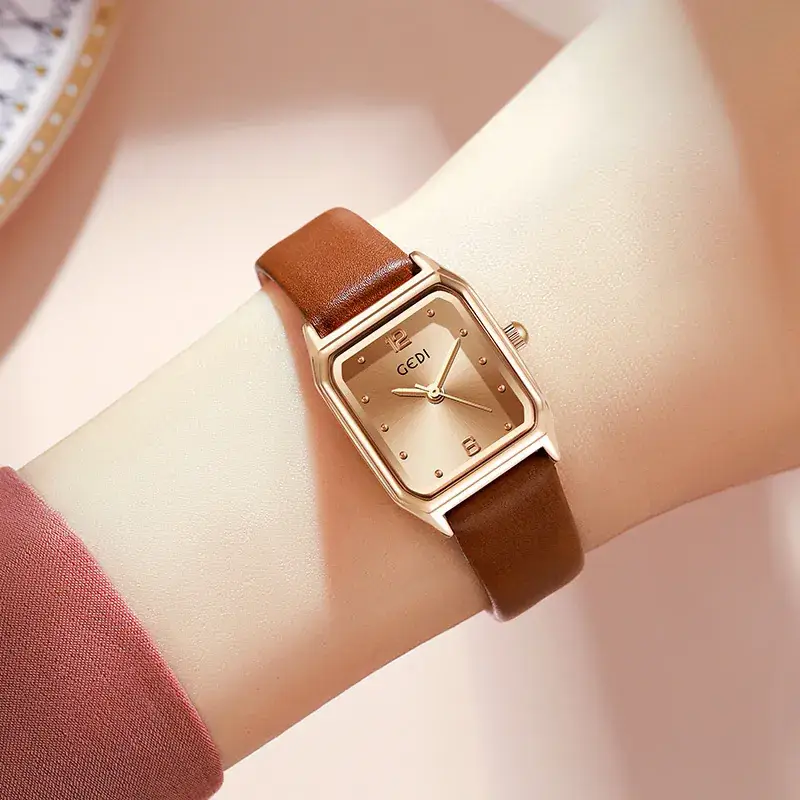 Women's Brown Leather Square Plate Watch with Silver Buckle - Image 9