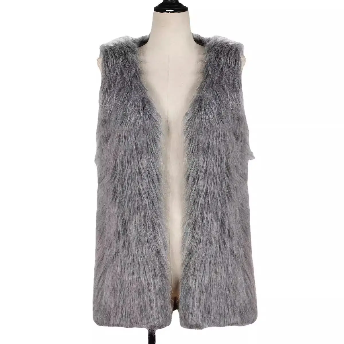 Women Gray Faux Fur Vest Waistcoat Style - Image 9
