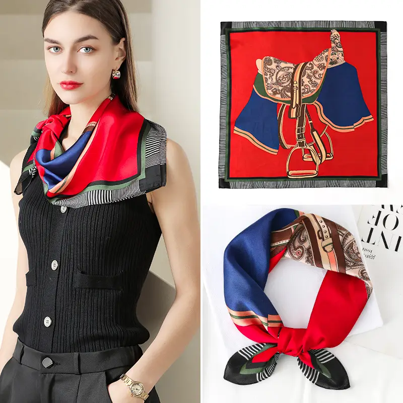 Silk Scarf 2025 Red Blue Plaid Saddle Design - Image 7