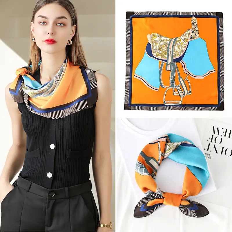 Silk Scarf 2025 Red Blue Plaid Saddle Design - Image 8