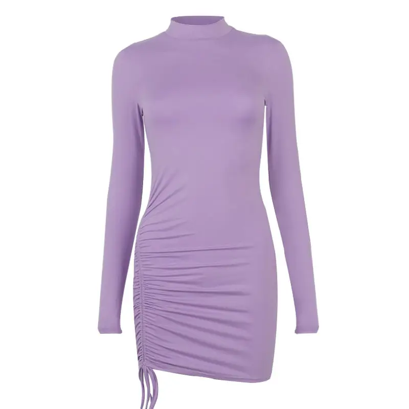 Women's Black Long Sleeve Pleated Dress with Lace-Up Trim