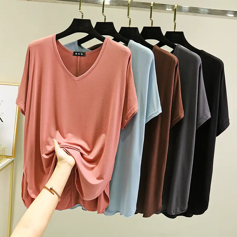 Women's Brown V-Neck Loose T-Shirt Short Sleeve - Image 10