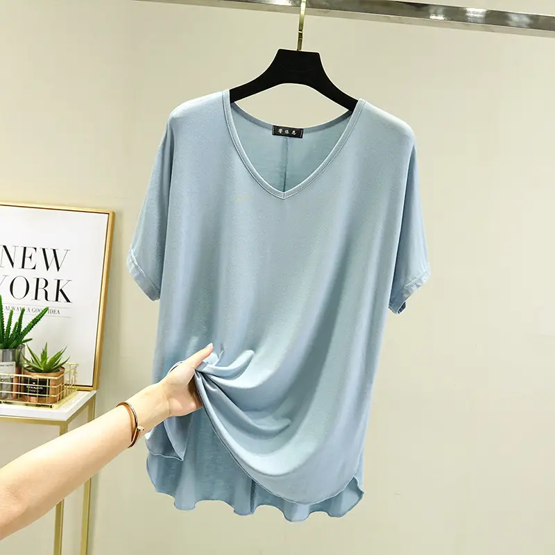 Women's Brown V-Neck Loose T-Shirt Short Sleeve - Image 11