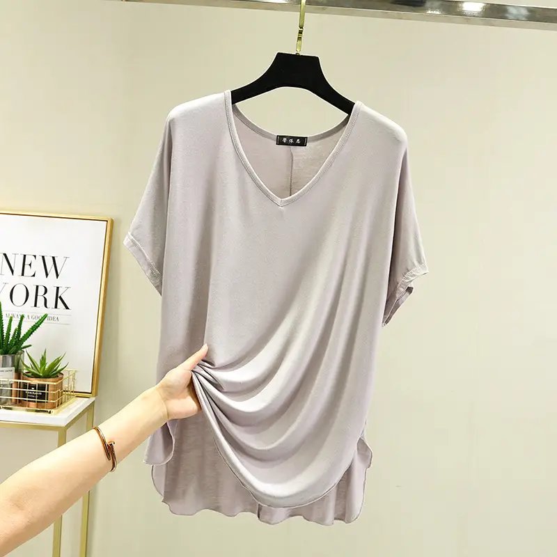 Women's Brown V-Neck Loose T-Shirt Short Sleeve - Image 12