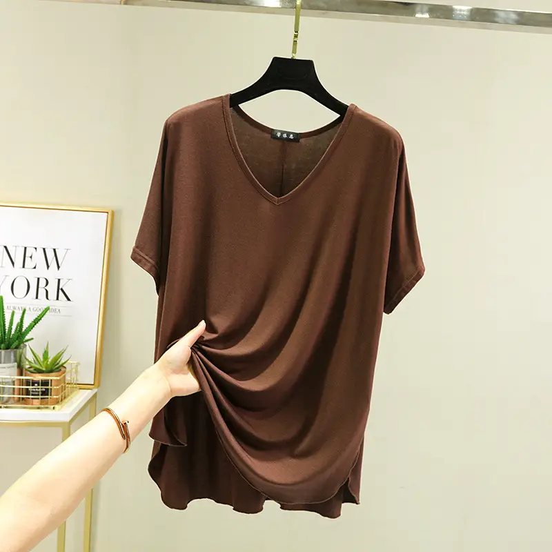 Women's Brown V-Neck Loose T-Shirt Short Sleeve - Image 13