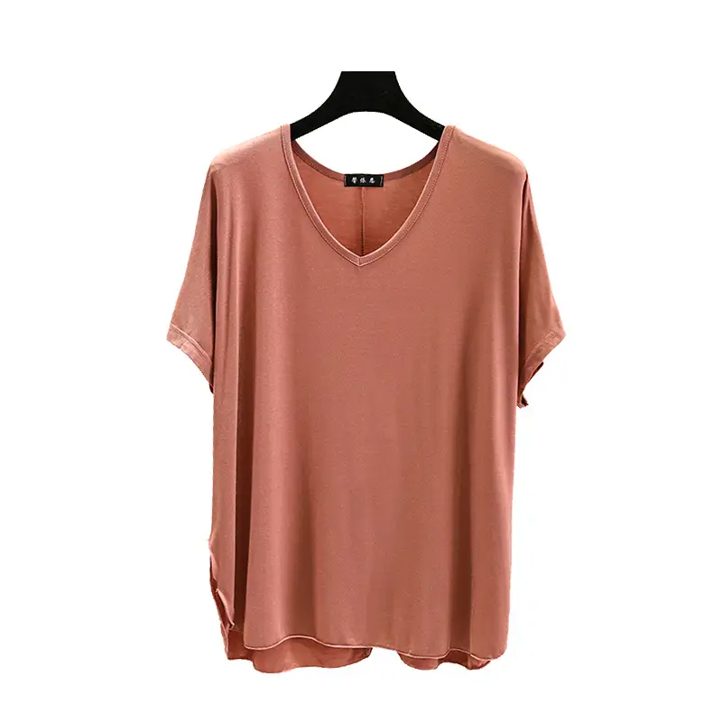 Women's Brown V-Neck Loose T-Shirt Short Sleeve - Image 14