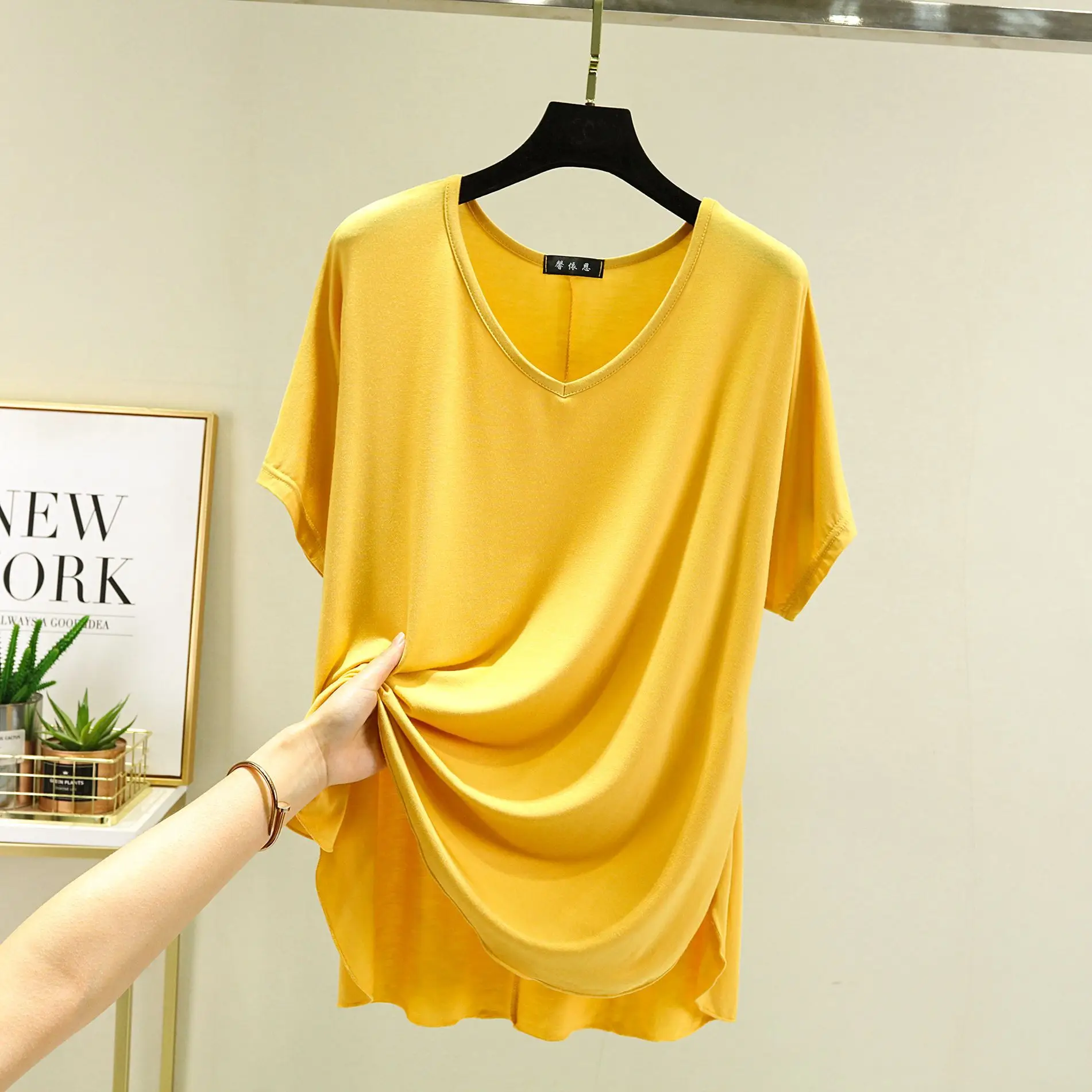Women's Brown V-Neck Loose T-Shirt Short Sleeve - Image 2