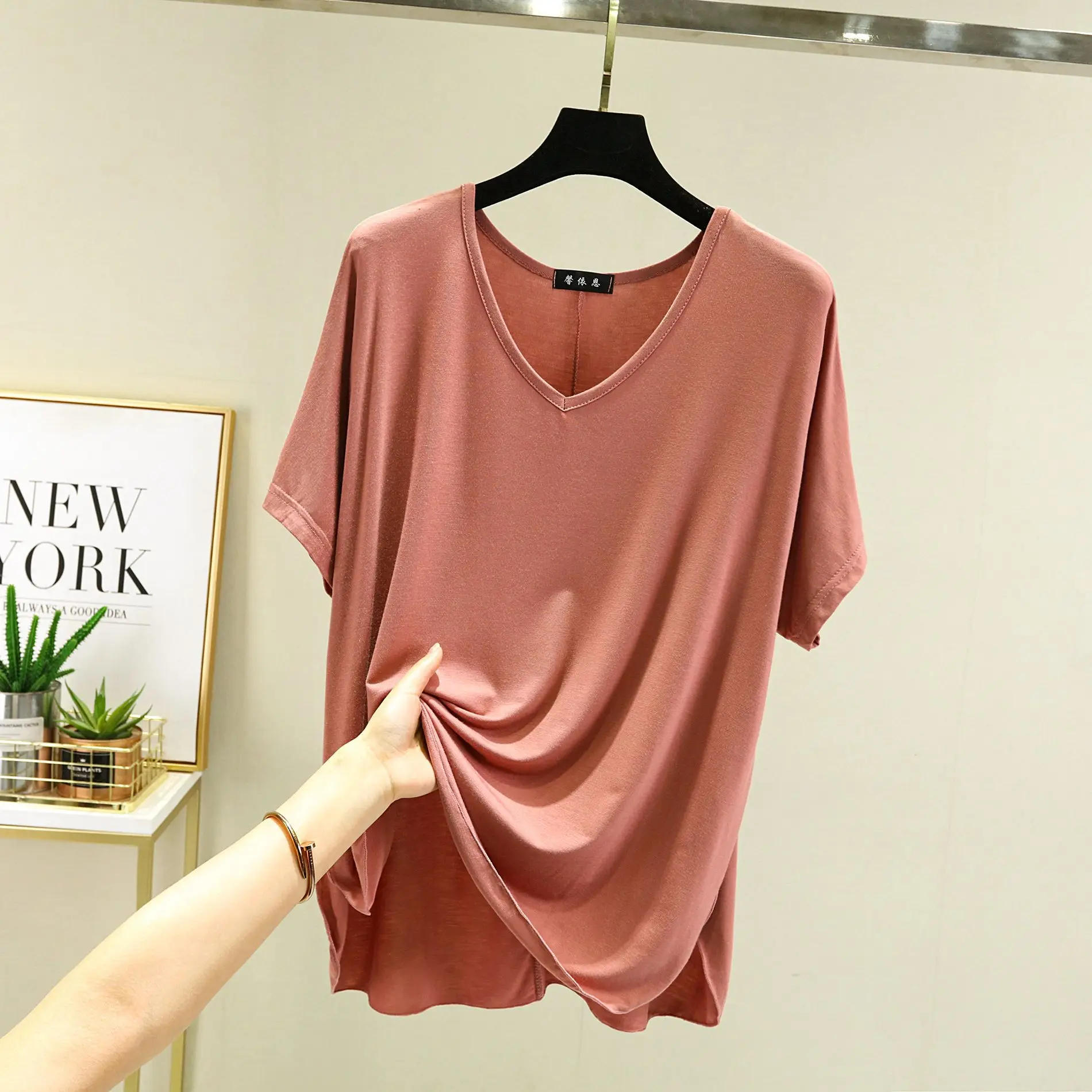 Women's Brown V-Neck Loose T-Shirt Short Sleeve - Image 6