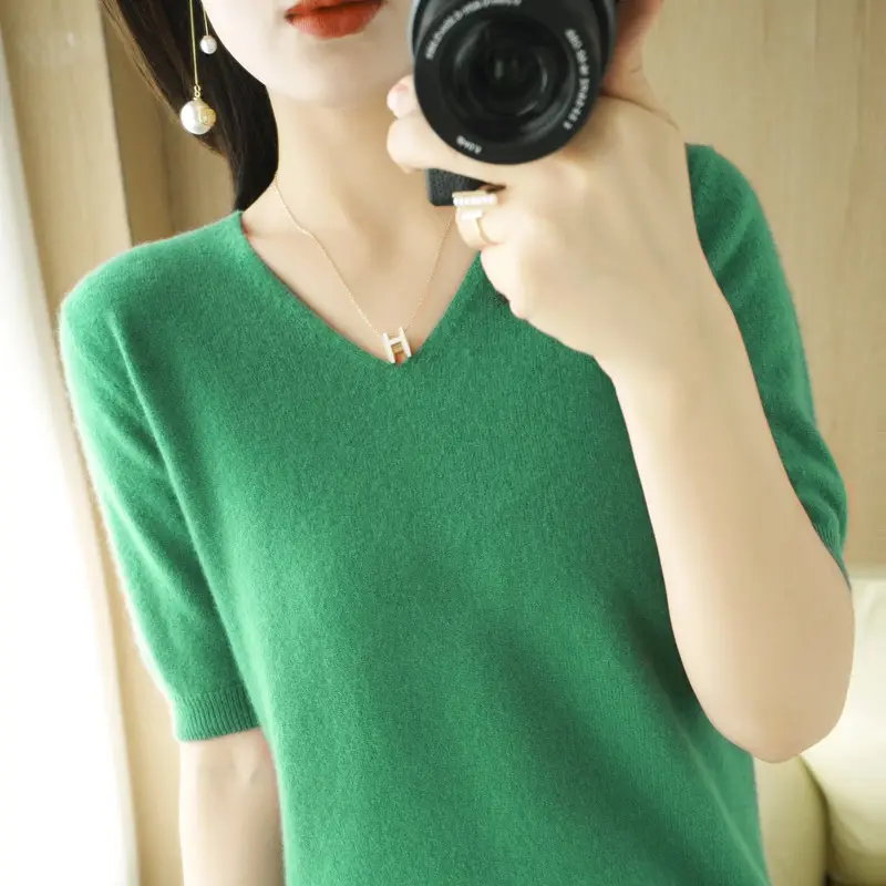 New Spring Knitwear V Neck T-Shirt Women - Image 15