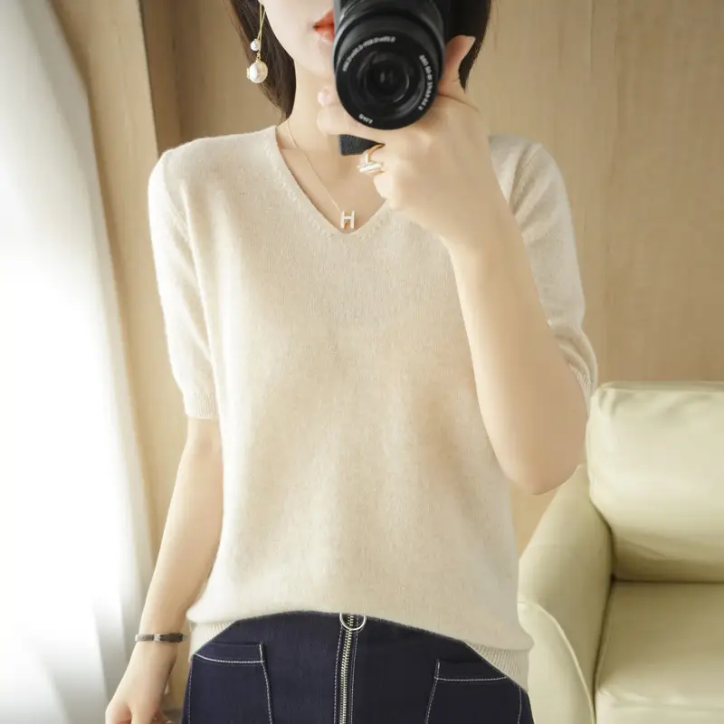 New Spring Knitwear V Neck T-Shirt Women - Image 10