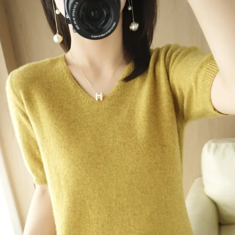 New Spring Knitwear V Neck T-Shirt Women - Image 11