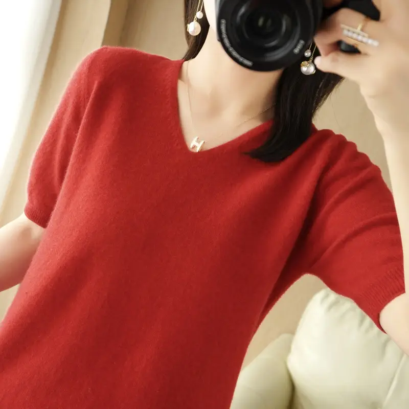 New Spring Knitwear V Neck T-Shirt Women - Image 3