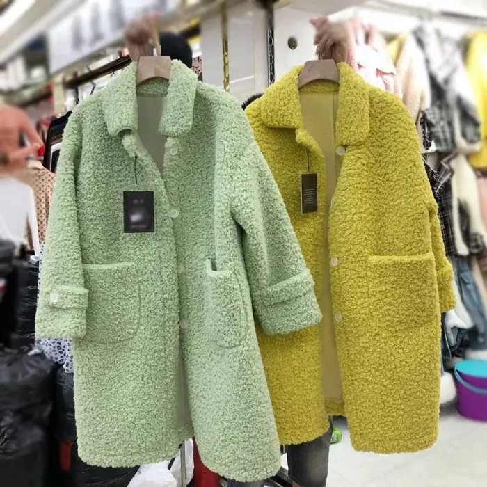 Faux Lambs Wool Women's Green Overcoat Yellow - Image 2